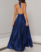 Satin Plissé Plunge Halter Maxi Dress