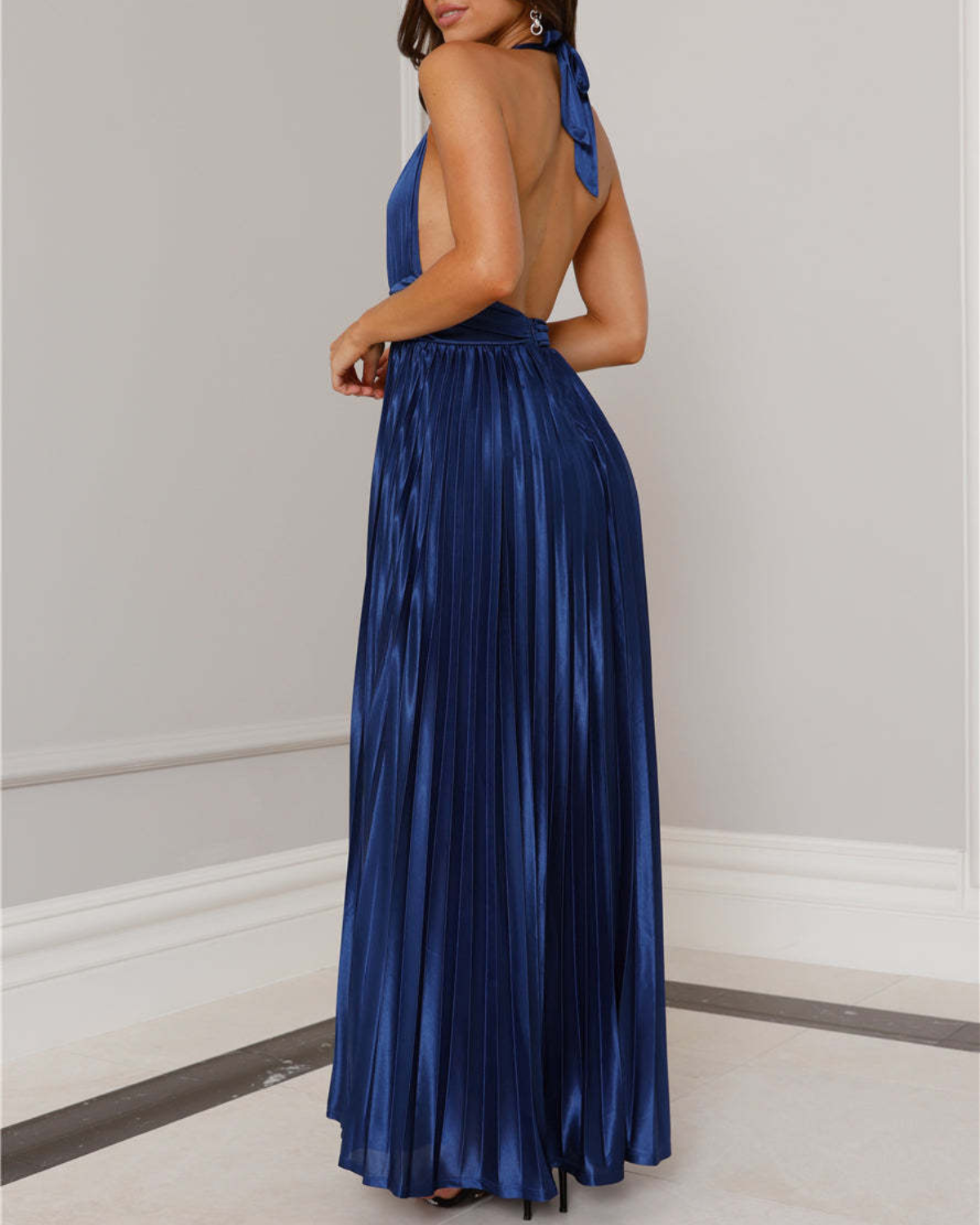 Satin Plissé Plunge Halter Maxi Dress