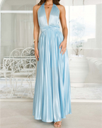 Satin Plissé Plunge Halter Maxi Dress