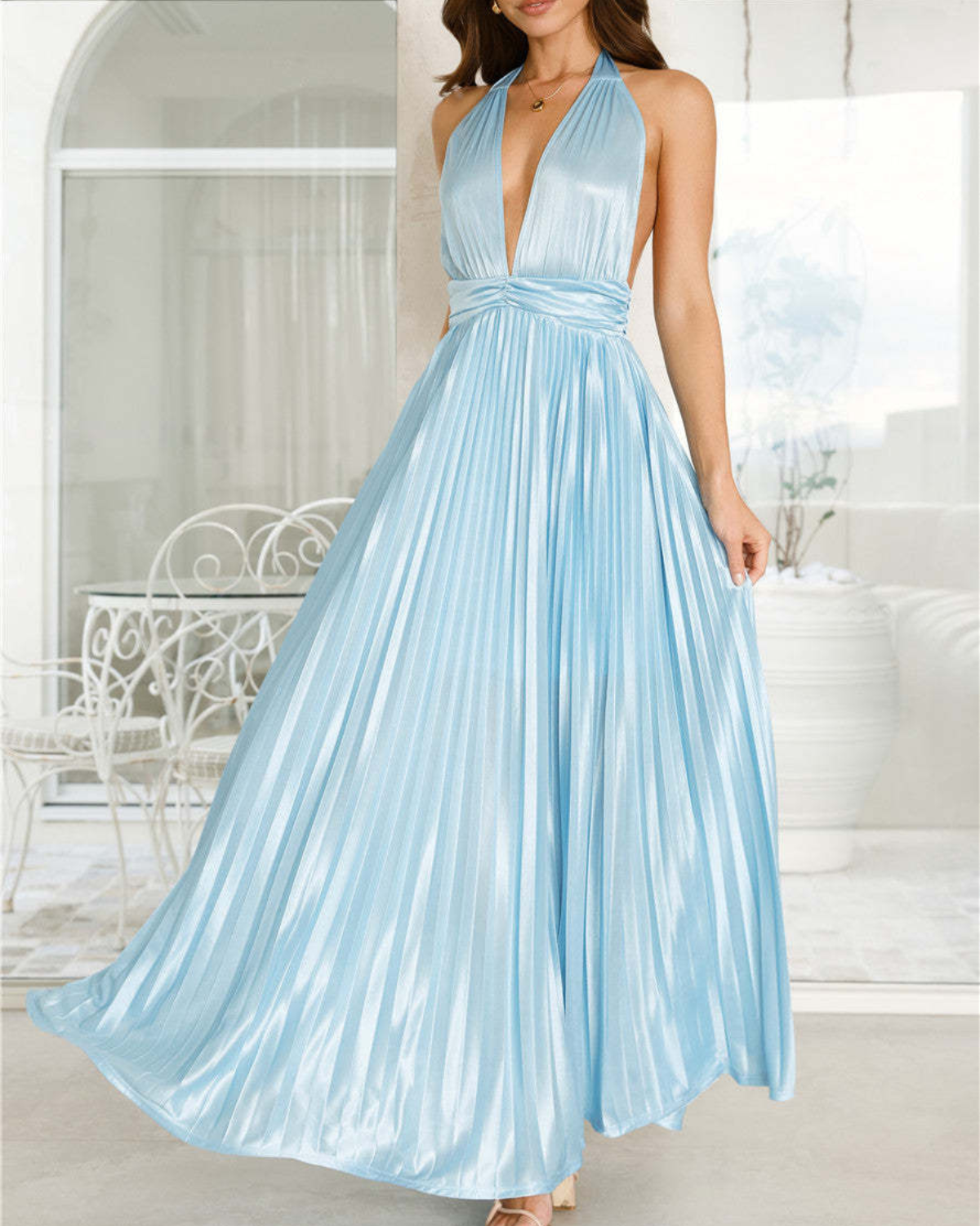 Satin Plissé Plunge Halter Maxi Dress