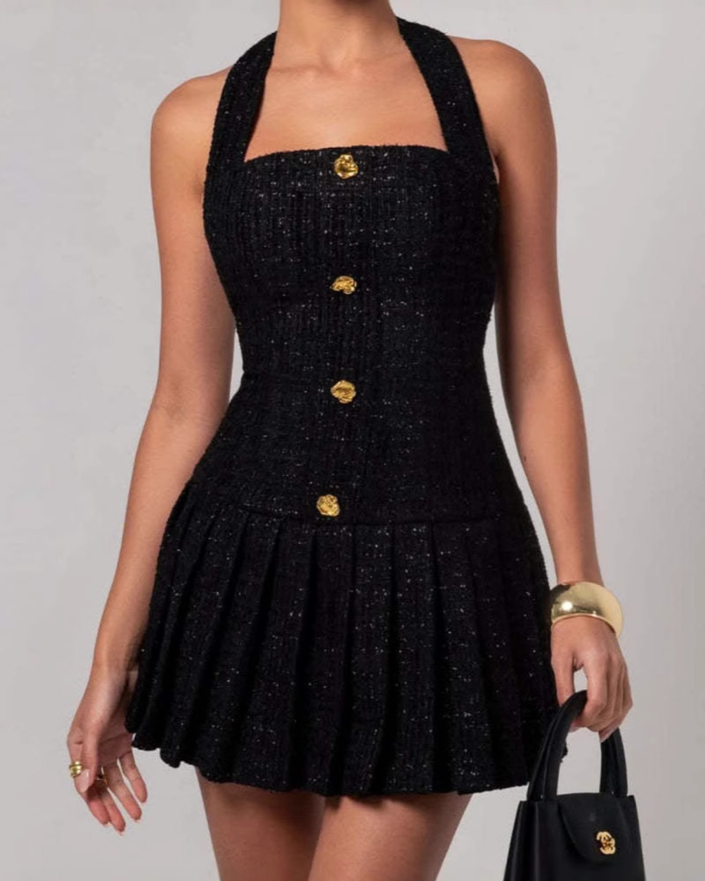 Tweed Halter Neck Pleated Mini Dress