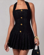 Tweed Halter Neck Pleated Mini Dress