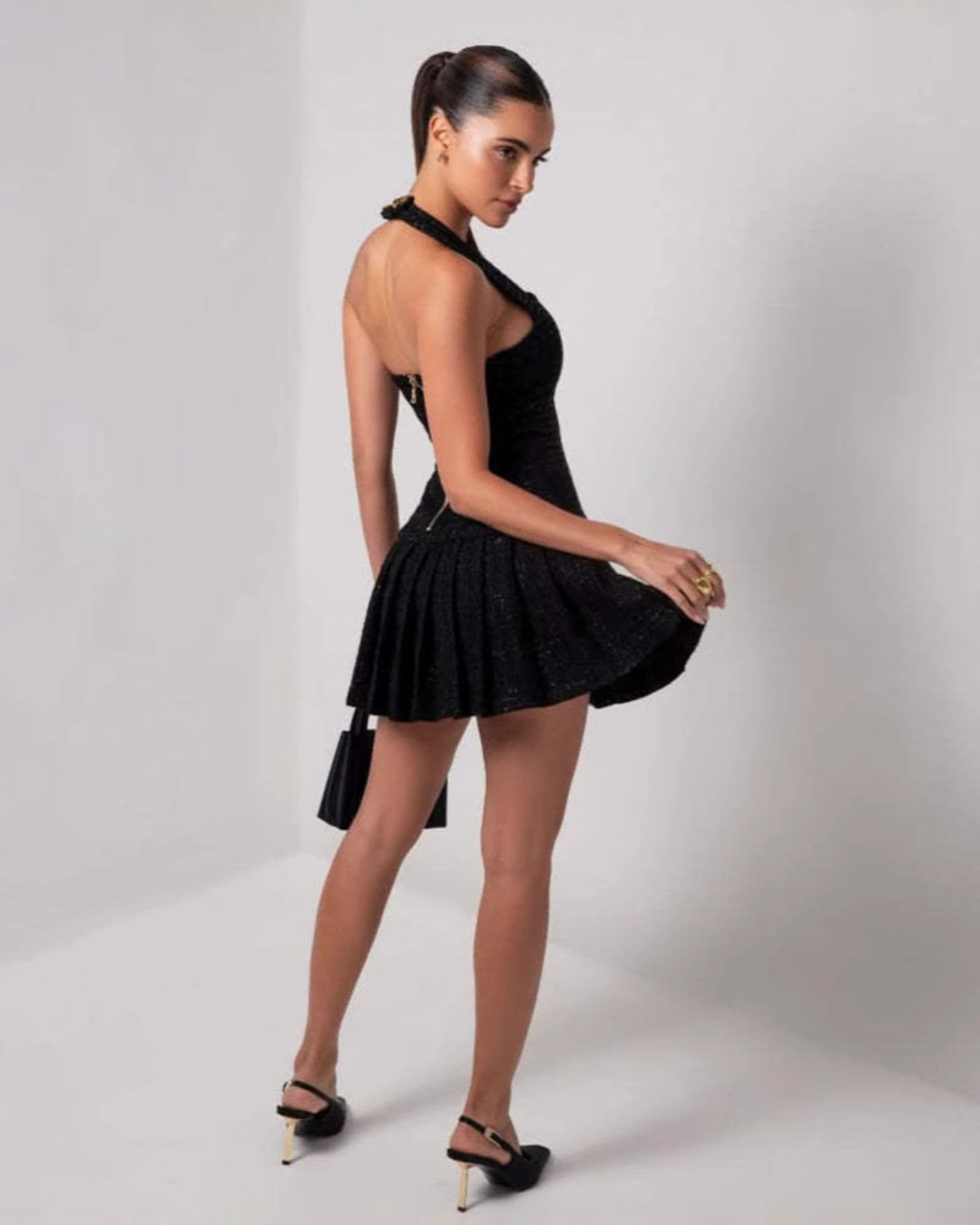 Tweed Halter Neck Pleated Mini Dress