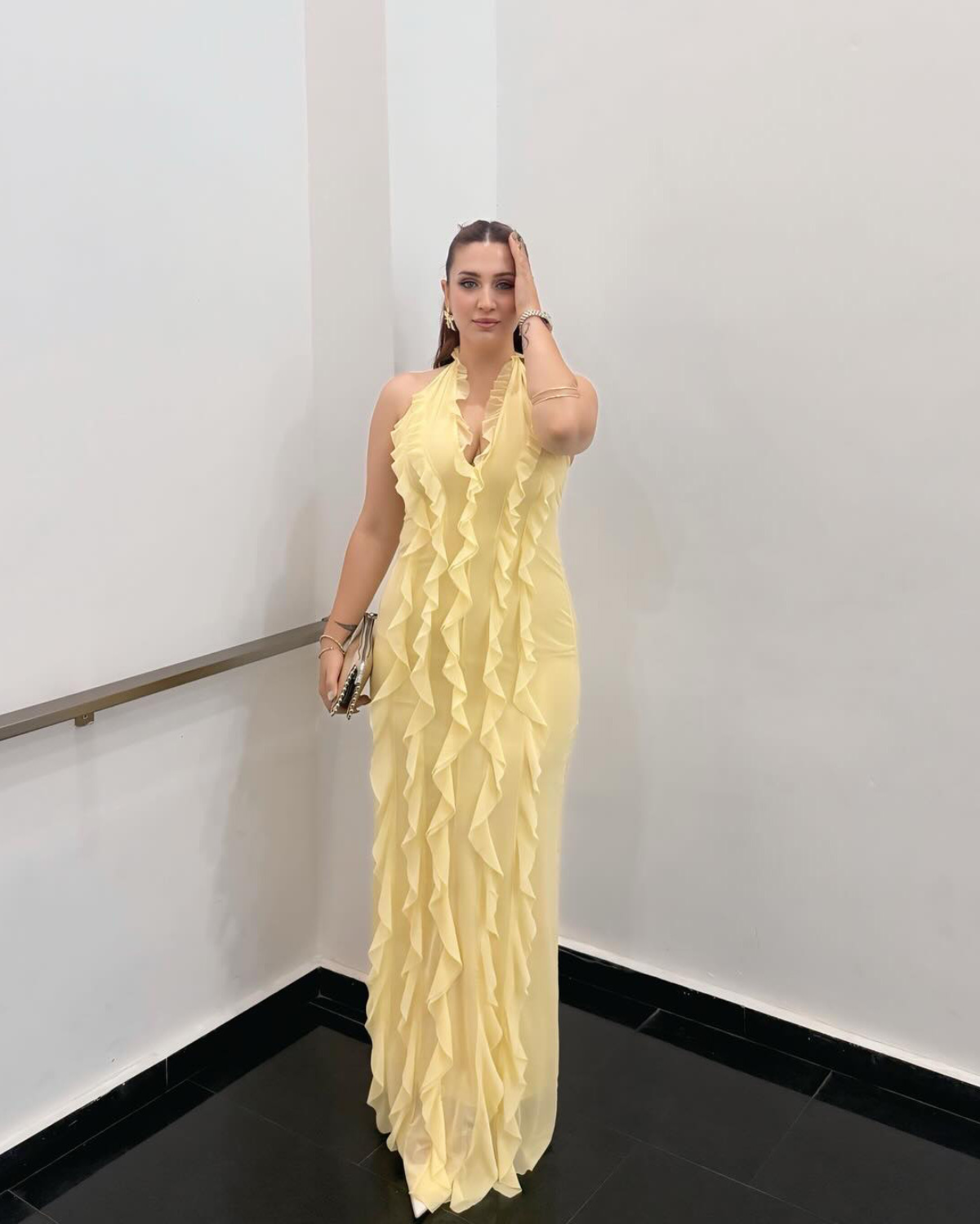 Ruffle Detail Open-Back Halter Maxi Dress