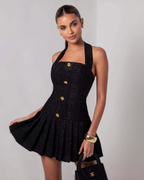 Tweed Halter Neck Pleated Mini Dress