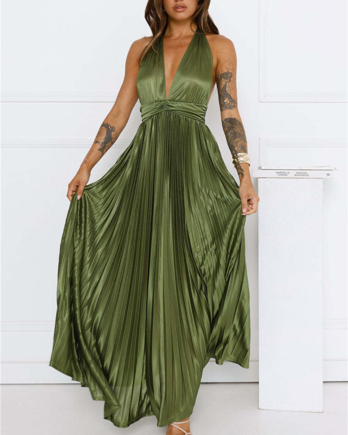 Satin Plissé Plunge Halter Maxi Dress