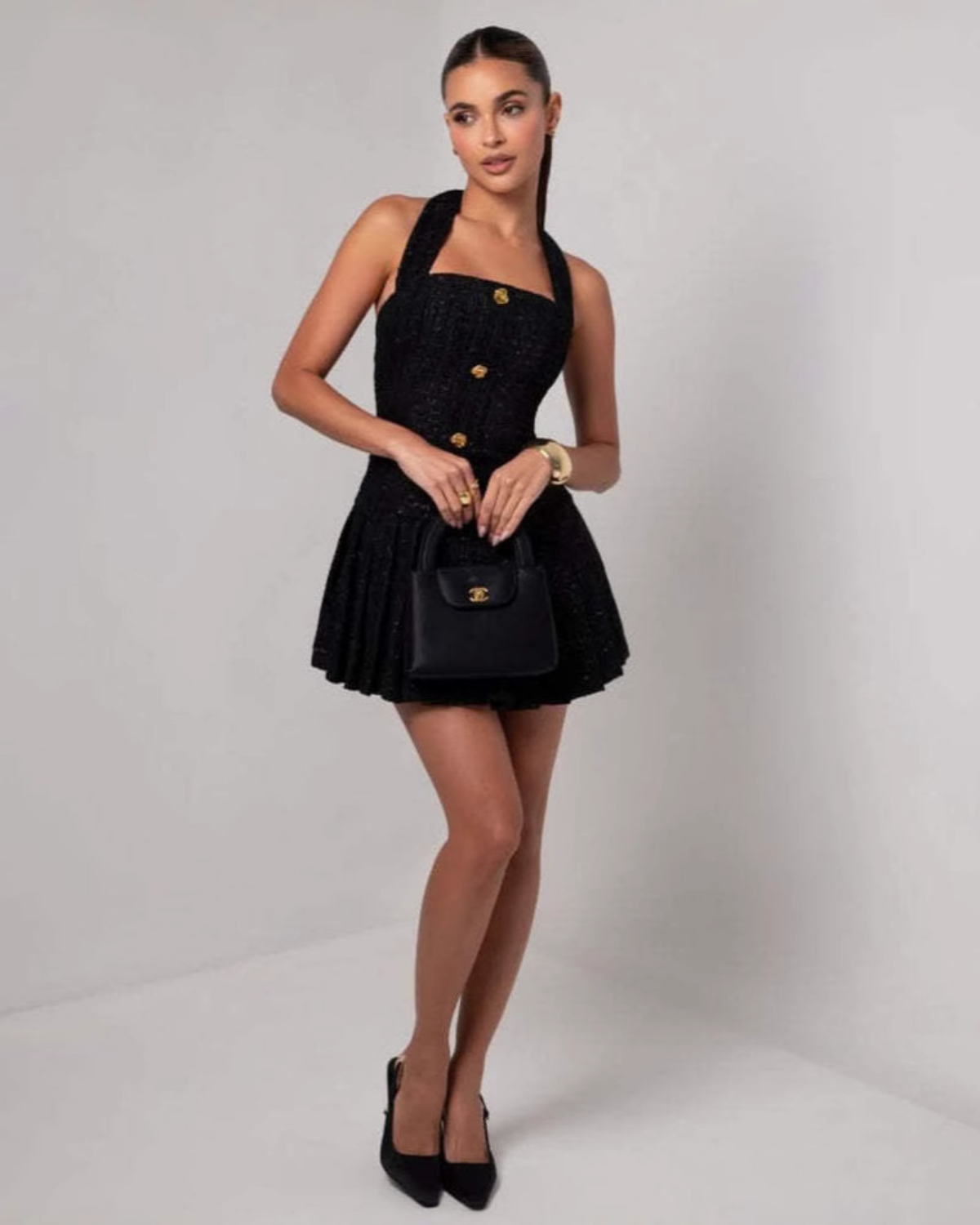 Tweed Halter Neck Pleated Mini Dress