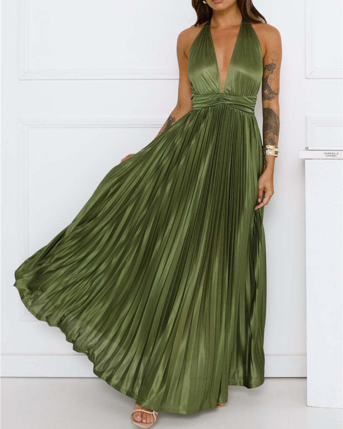 Satin Plissé Plunge Halter Maxi Dress