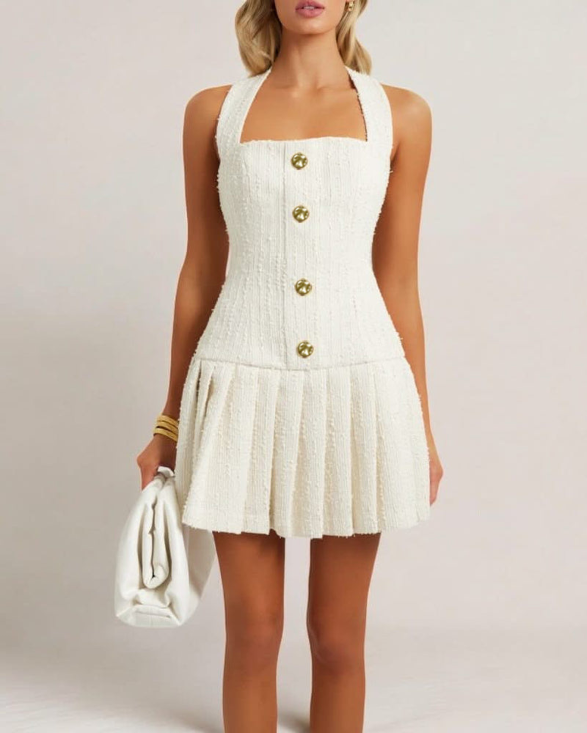 Tweed Halter Neck Pleated Mini Dress