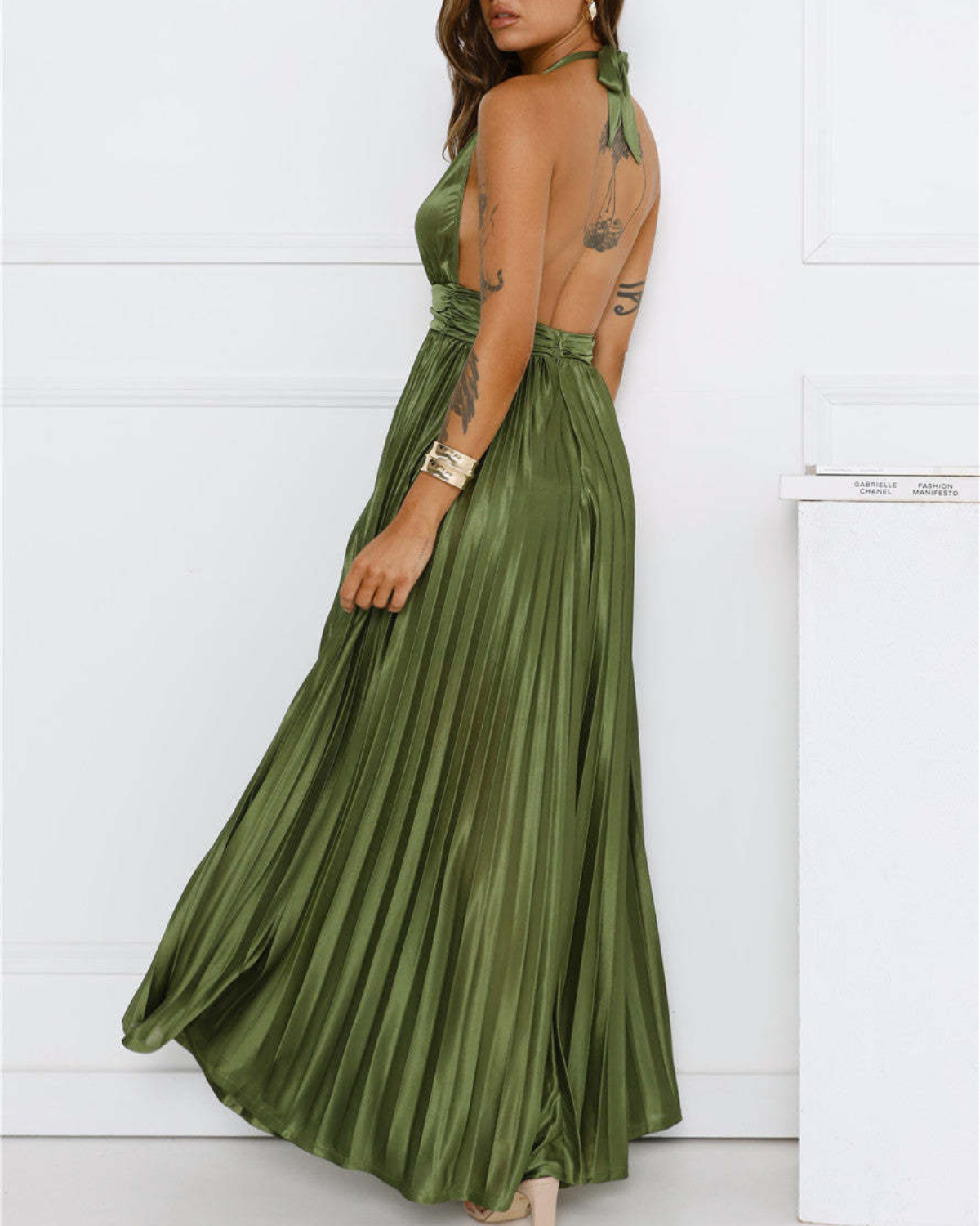 Satin Plissé Plunge Halter Maxi Dress