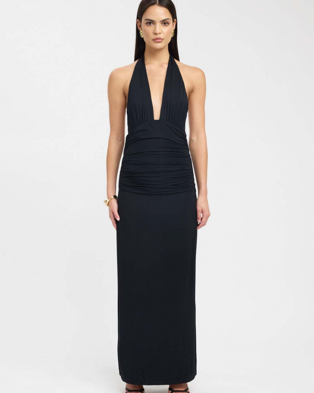 Slinky Ruched Plunge Halter Maxi Dress