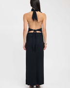 Slinky Ruched Plunge Halter Maxi Dress