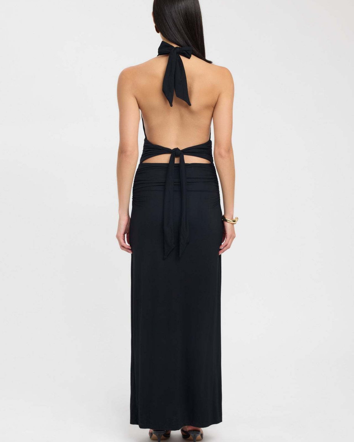 Slinky Ruched Plunge Halter Maxi Dress