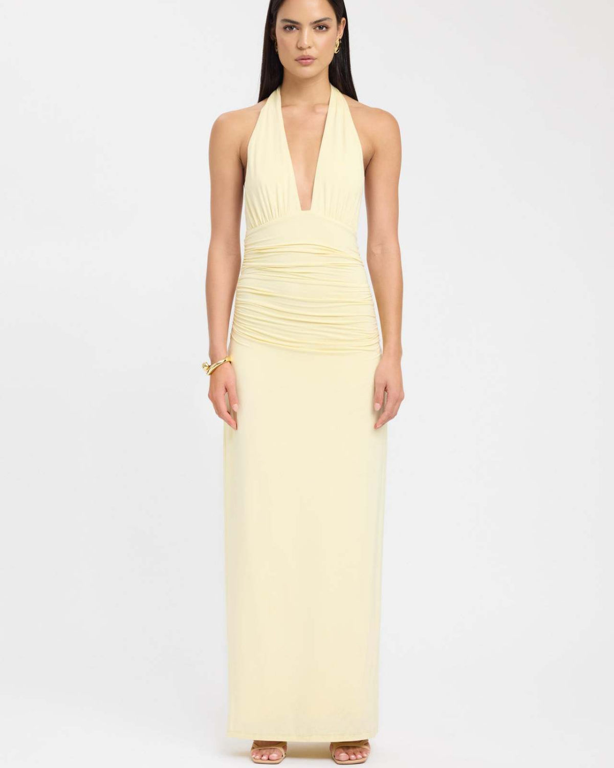 Slinky Ruched Plunge Halter Maxi Dress
