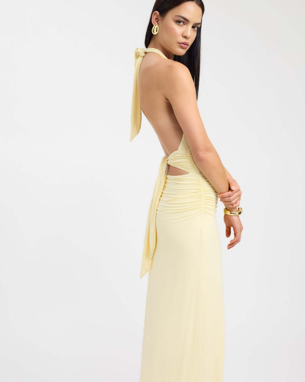 Slinky Ruched Plunge Halter Maxi Dress