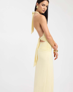 Slinky Ruched Plunge Halter Maxi Dress