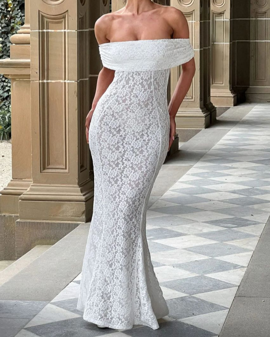 Elegant Floral Lace Bardot Open-Back Mermaid Maxi Dress