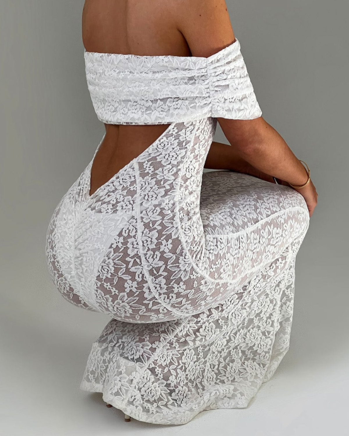 Elegant Floral Lace Bardot Open-Back Mermaid Maxi Dress