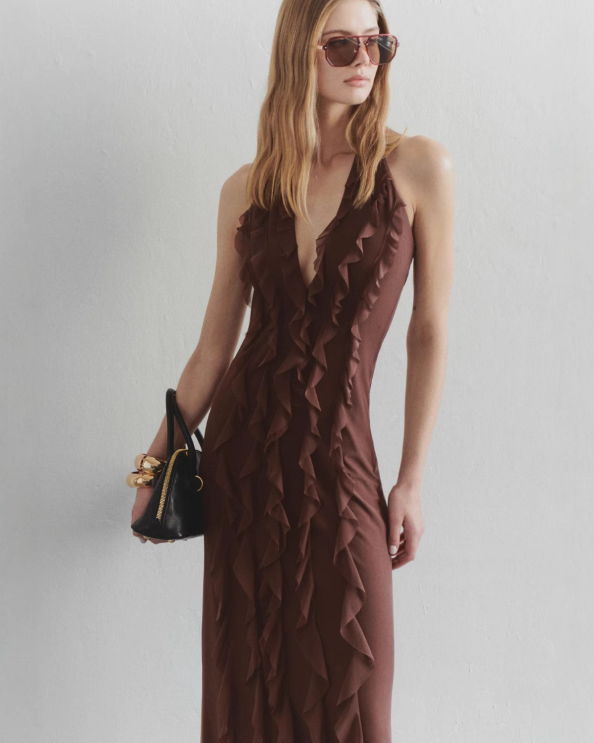 Ruffle Detail Open-Back Halter Maxi Dress