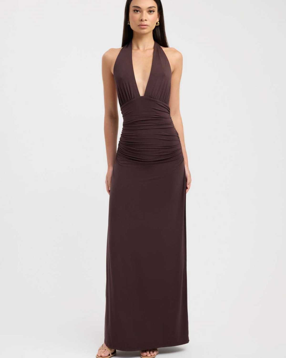 Slinky Ruched Plunge Halter Maxi Dress