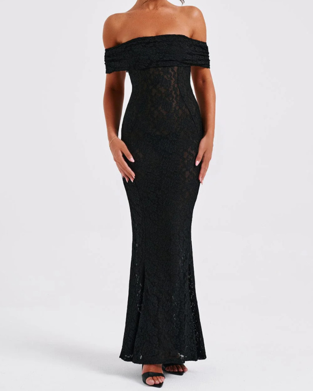 Elegant Floral Lace Bardot Open-Back Mermaid Maxi Dress