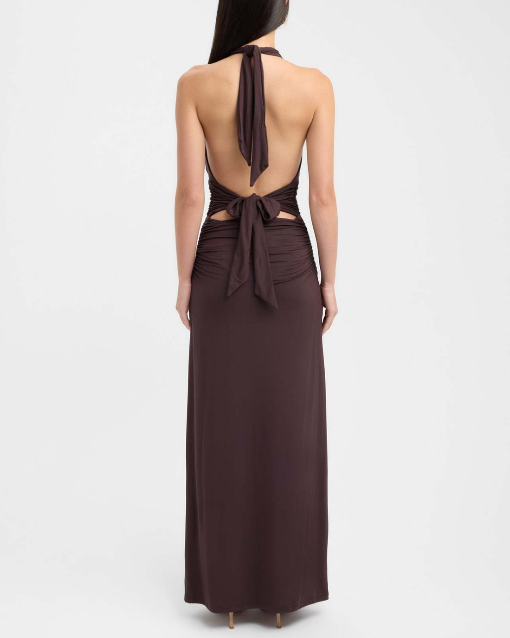 Slinky Ruched Plunge Halter Maxi Dress