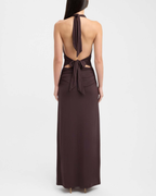 Slinky Ruched Plunge Halter Maxi Dress