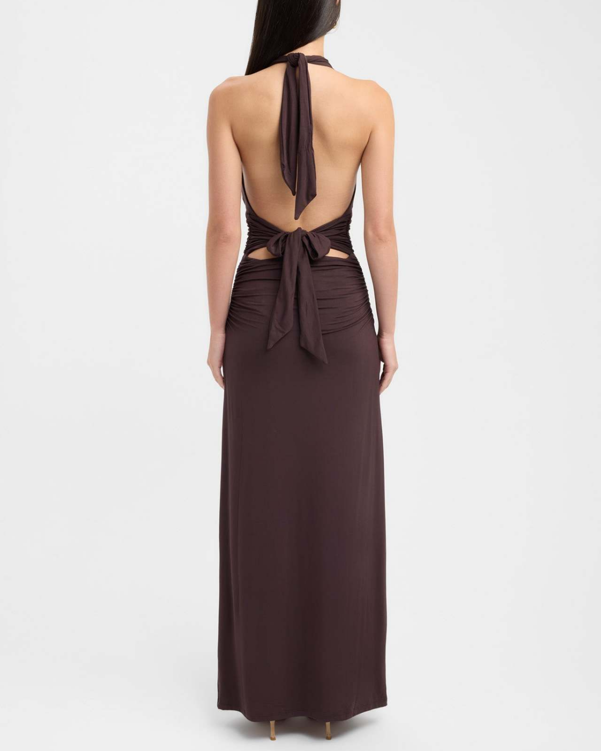 Slinky Ruched Plunge Halter Maxi Dress