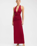 Slinky Ruched Plunge Halter Maxi Dress