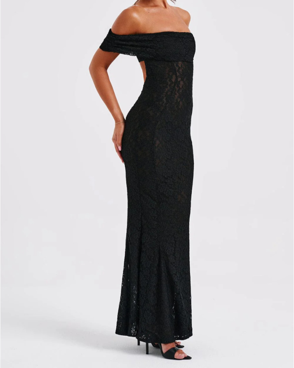 Elegant Floral Lace Bardot Open-Back Mermaid Maxi Dress