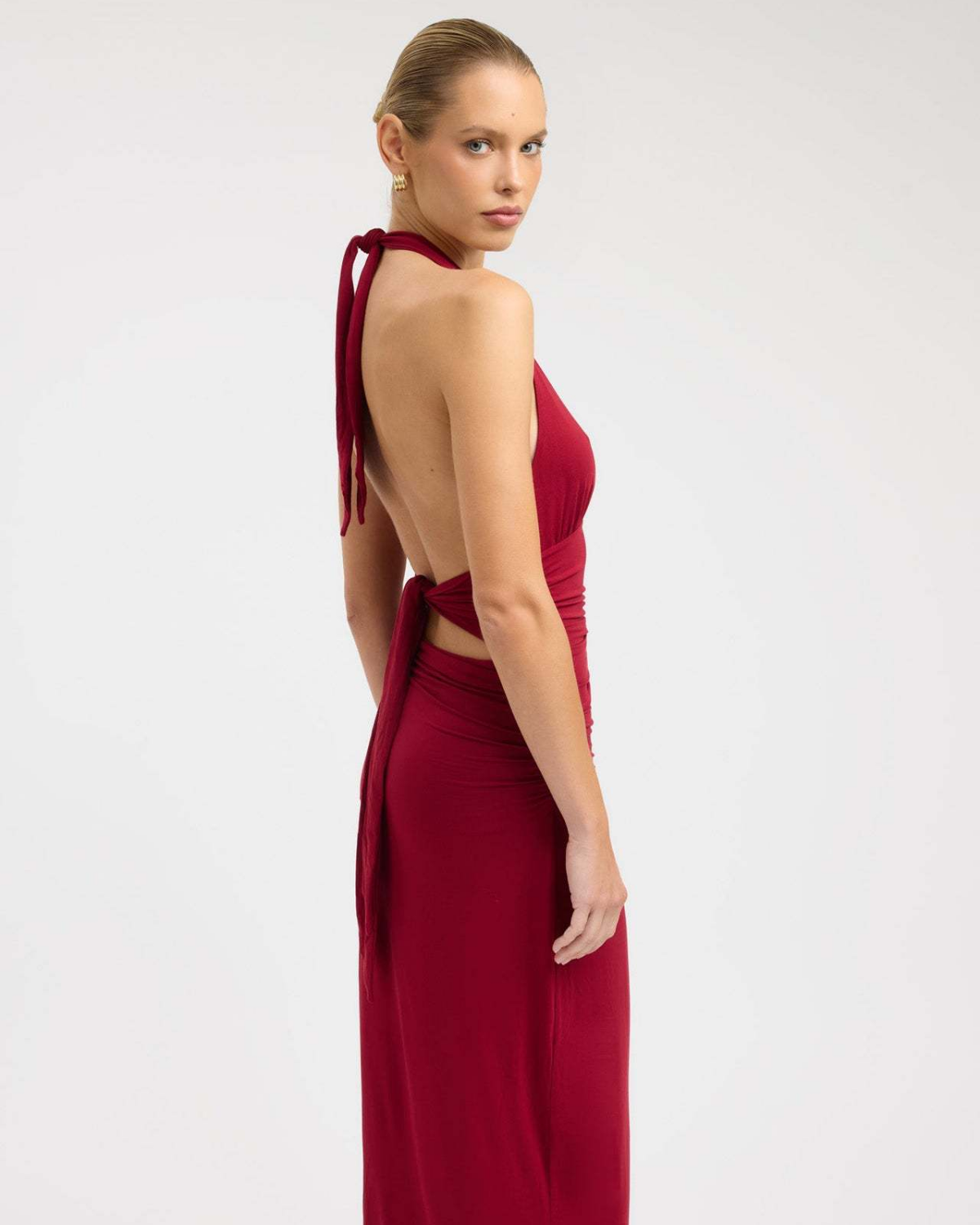 Slinky Ruched Plunge Halter Maxi Dress