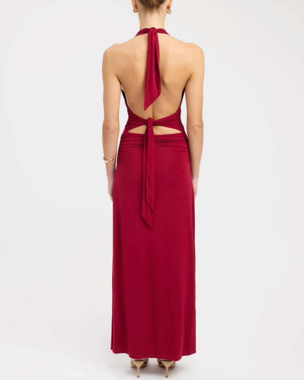 Slinky Ruched Plunge Halter Maxi Dress