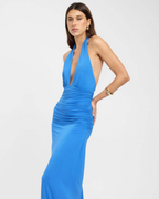 Slinky Ruched Plunge Halter Maxi Dress