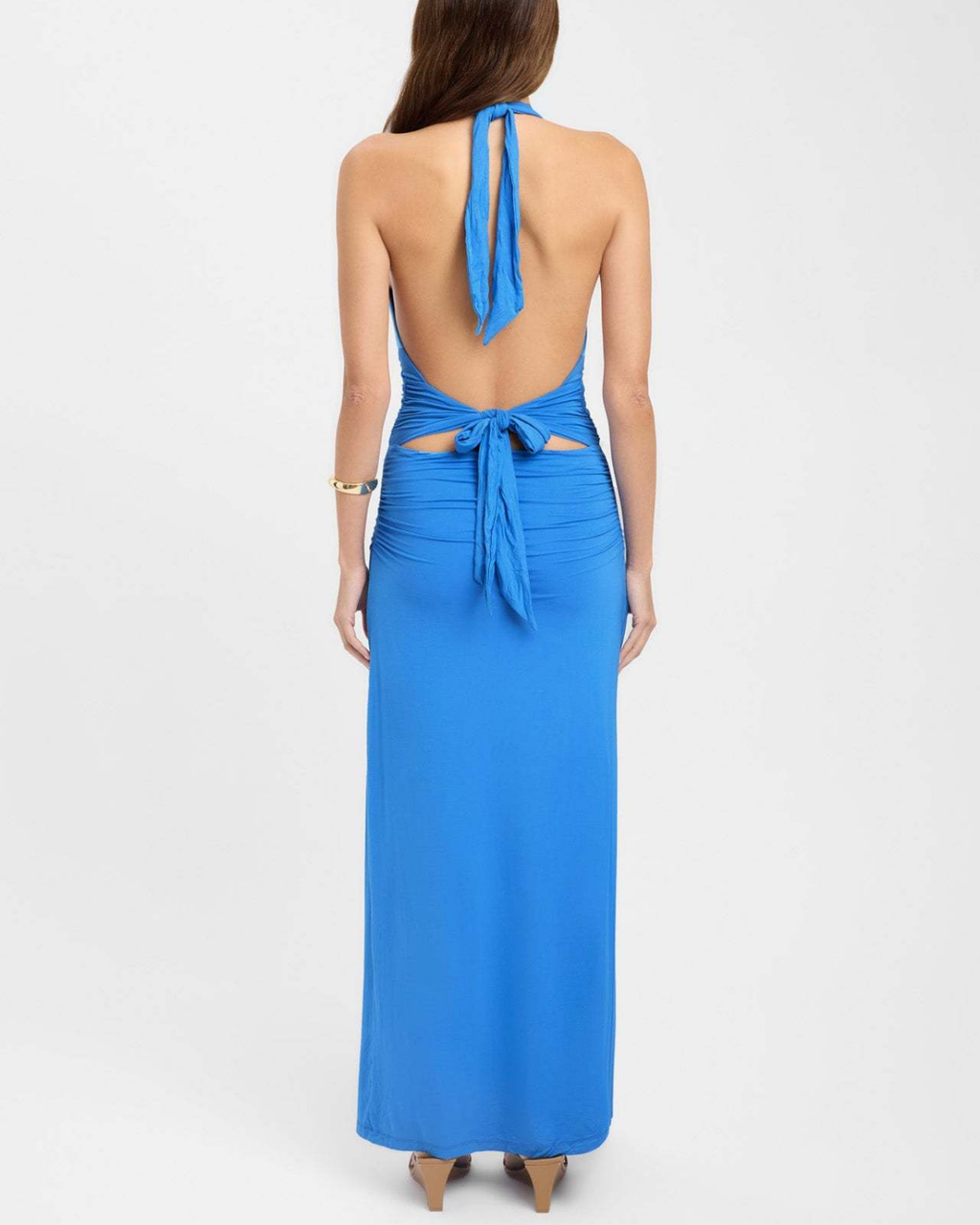 Slinky Ruched Plunge Halter Maxi Dress