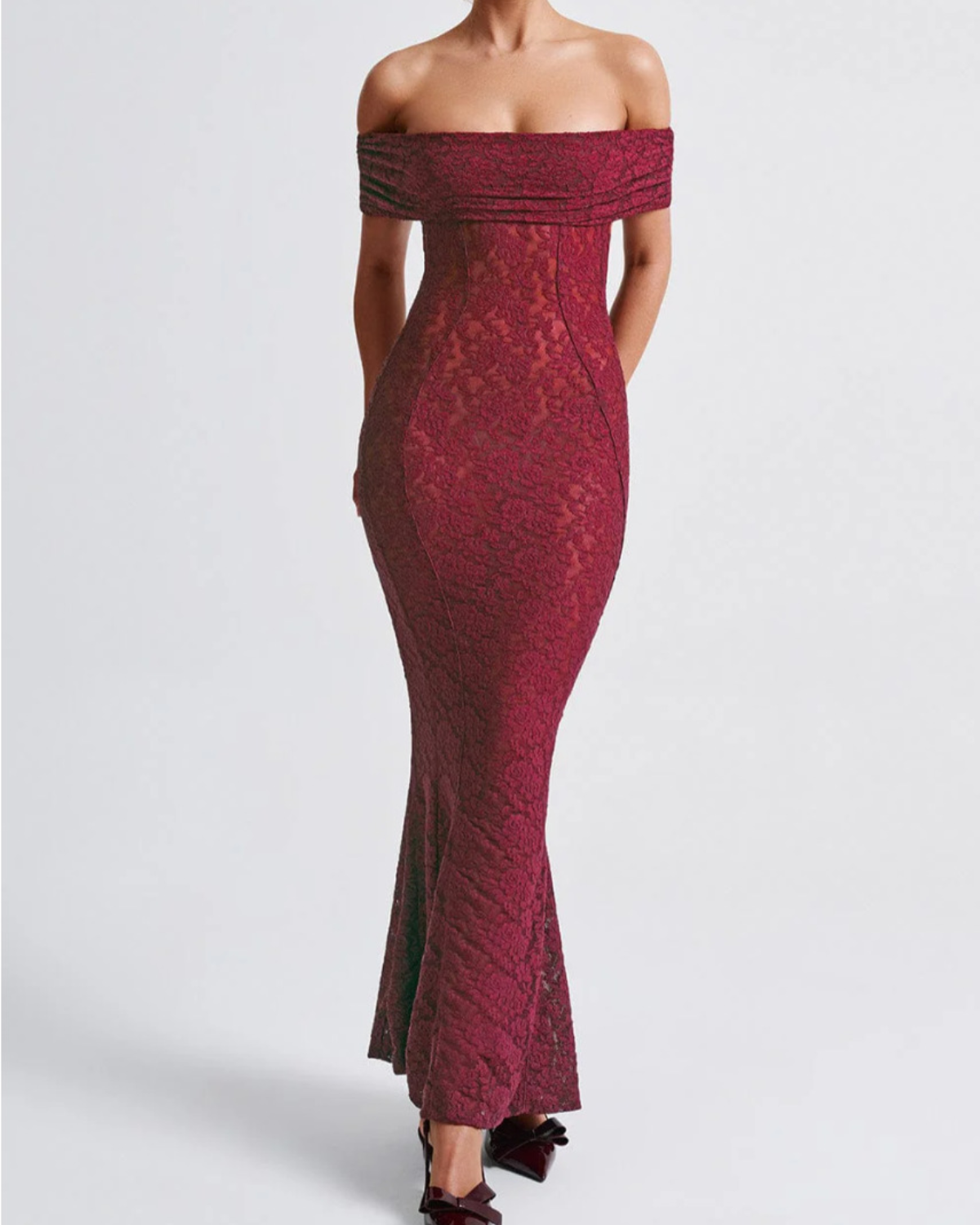 Elegant Floral Lace Bardot Open-Back Mermaid Maxi Dress