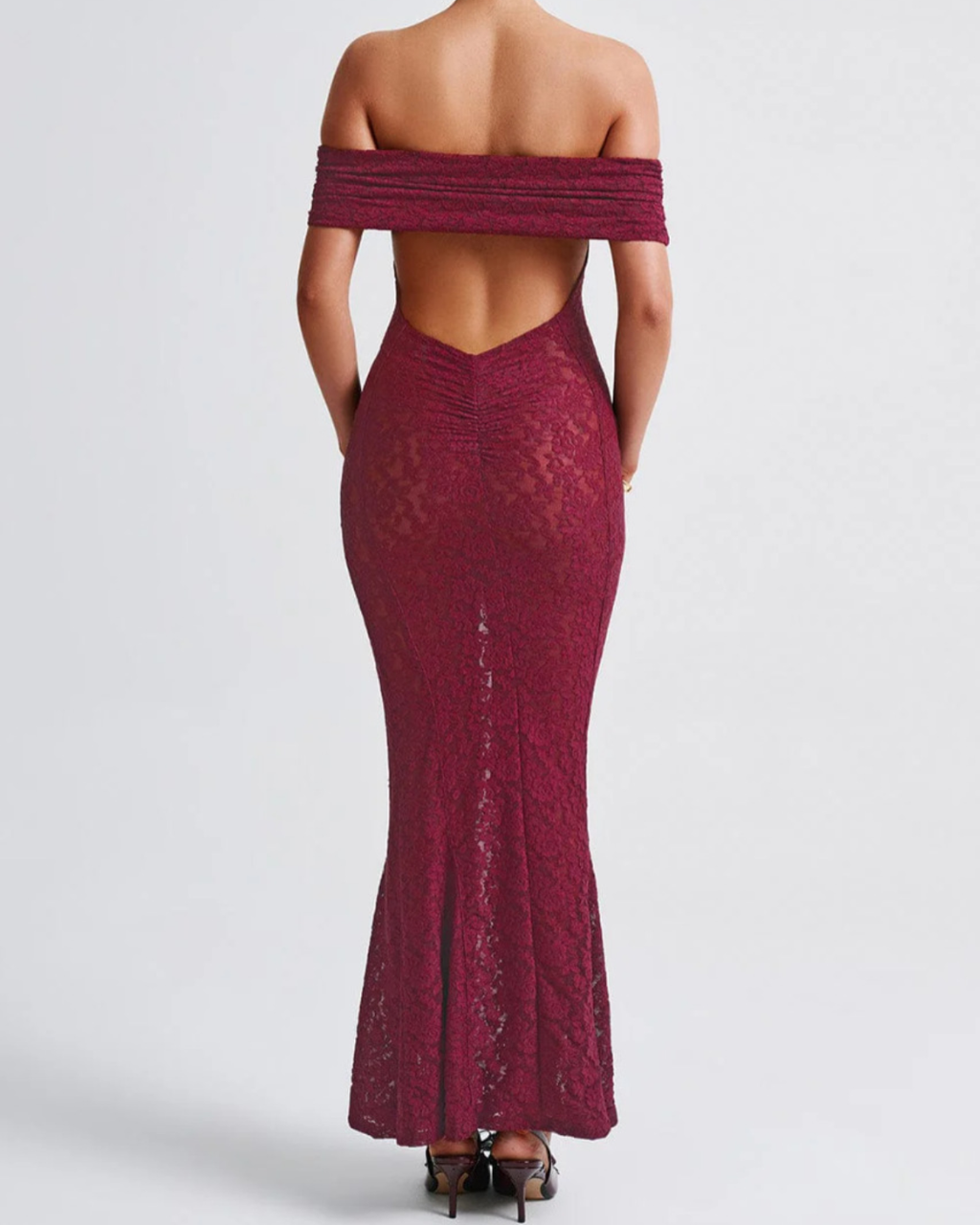 Elegant Floral Lace Bardot Open-Back Mermaid Maxi Dress