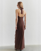 Ruffle Detail Open-Back Halter Maxi Dress