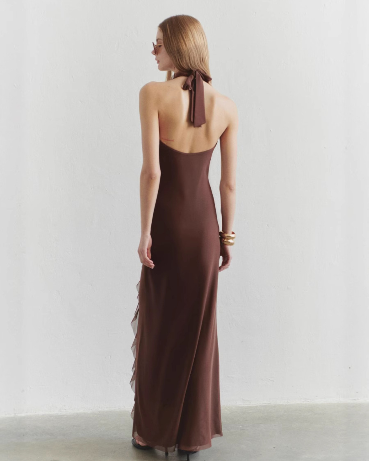 Ruffle Detail Open-Back Halter Maxi Dress