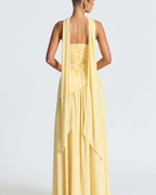 Asymmetric Corset-Style Maxi Dress with Matching Scarf
