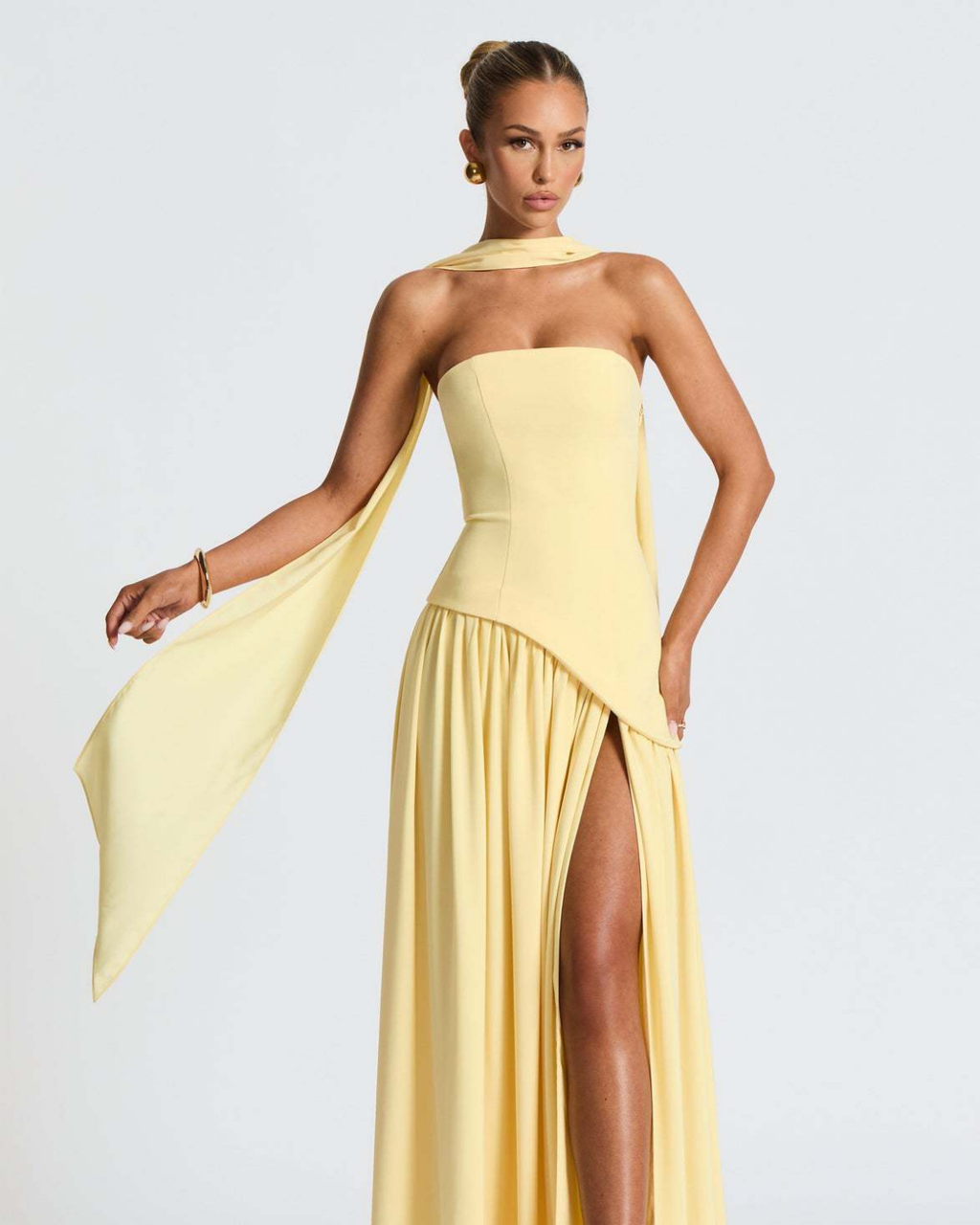 Asymmetric Corset-Style Maxi Dress with Matching Scarf