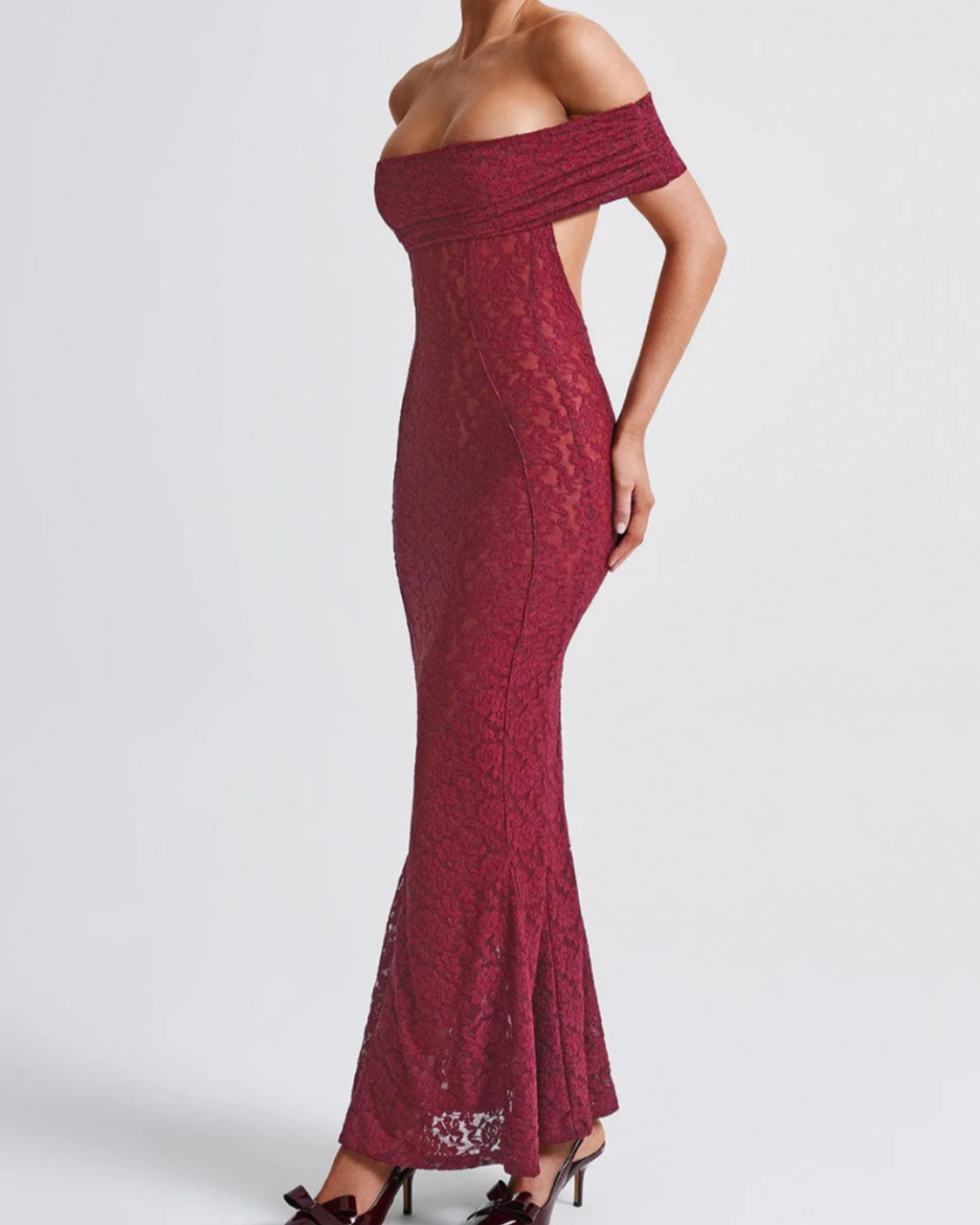 Elegant Floral Lace Bardot Open-Back Mermaid Maxi Dress