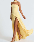 Asymmetric Corset-Style Maxi Dress with Matching Scarf
