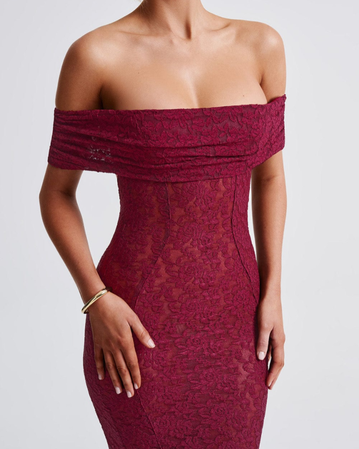 Elegant Floral Lace Bardot Open-Back Mermaid Maxi Dress