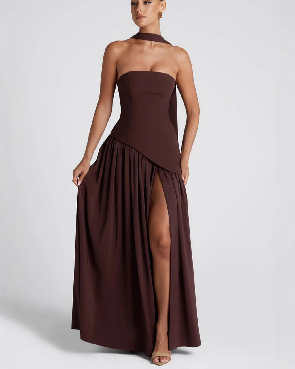 Asymmetric Corset-Style Maxi Dress with Matching Scarf