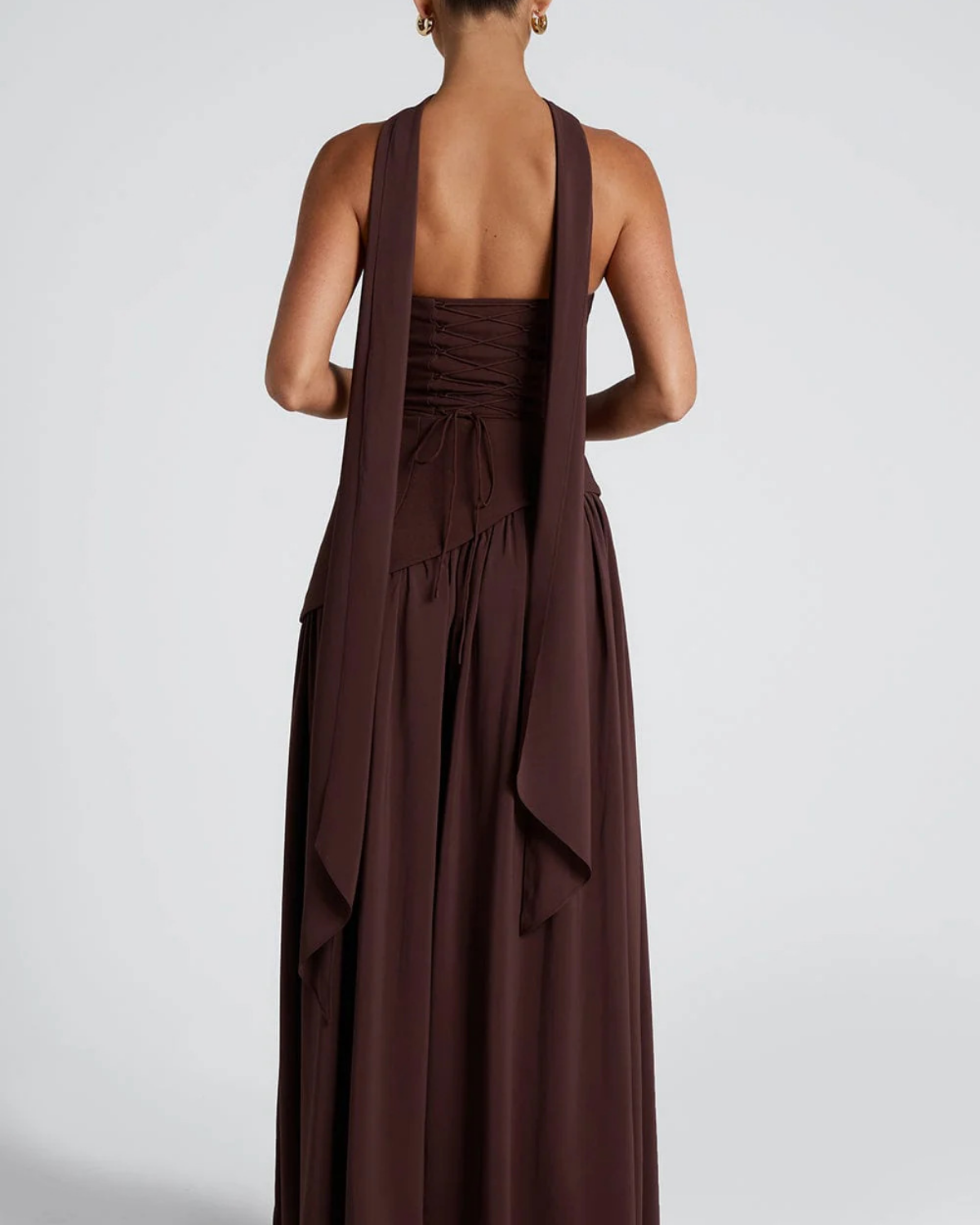 Asymmetric Corset-Style Maxi Dress with Matching Scarf