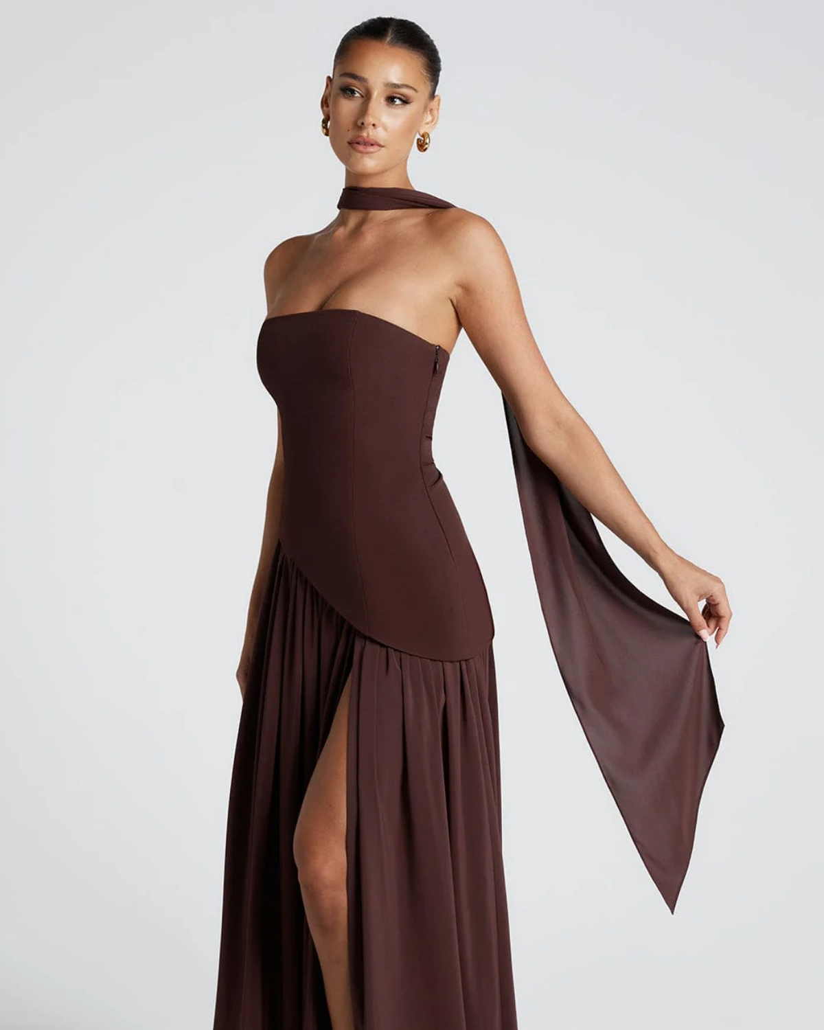 Asymmetric Corset-Style Maxi Dress with Matching Scarf