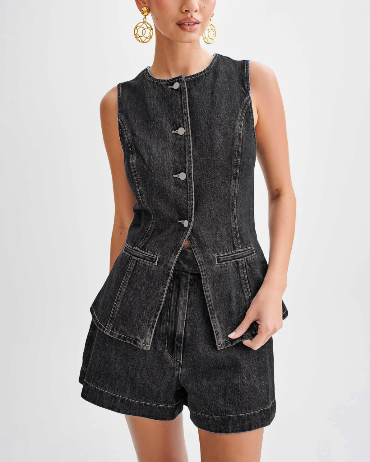 Tailored Denim Vest & Shorts Co-ord Set