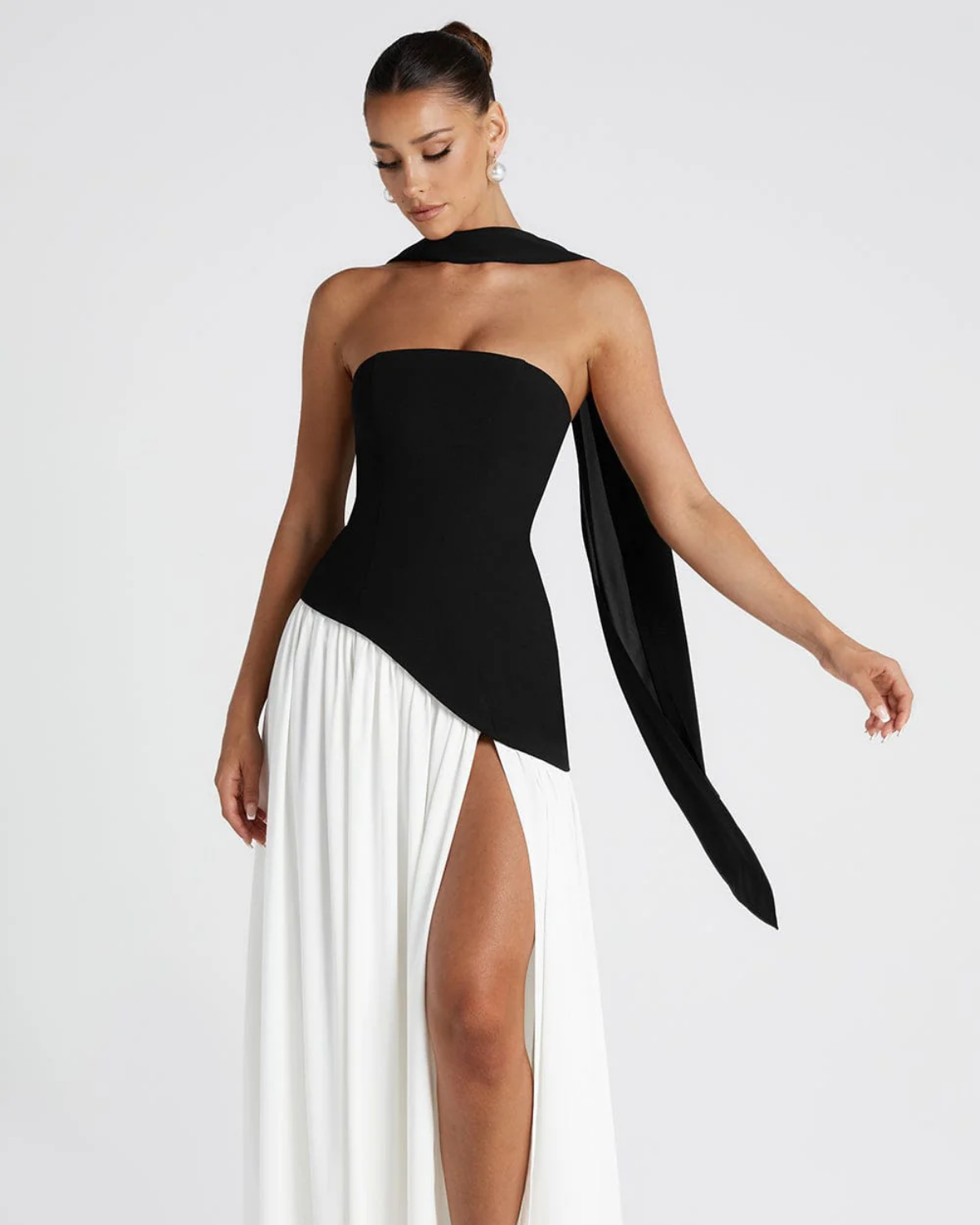 Asymmetric Corset-Style Maxi Dress with Matching Scarf