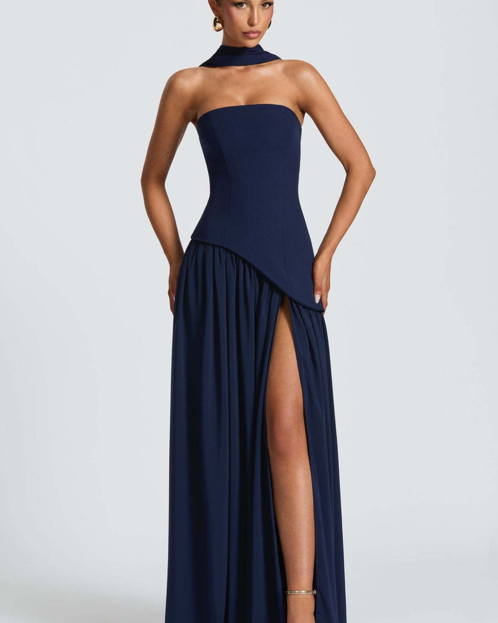 Asymmetric Corset-Style Maxi Dress with Matching Scarf