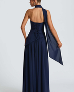 Asymmetric Corset-Style Maxi Dress with Matching Scarf